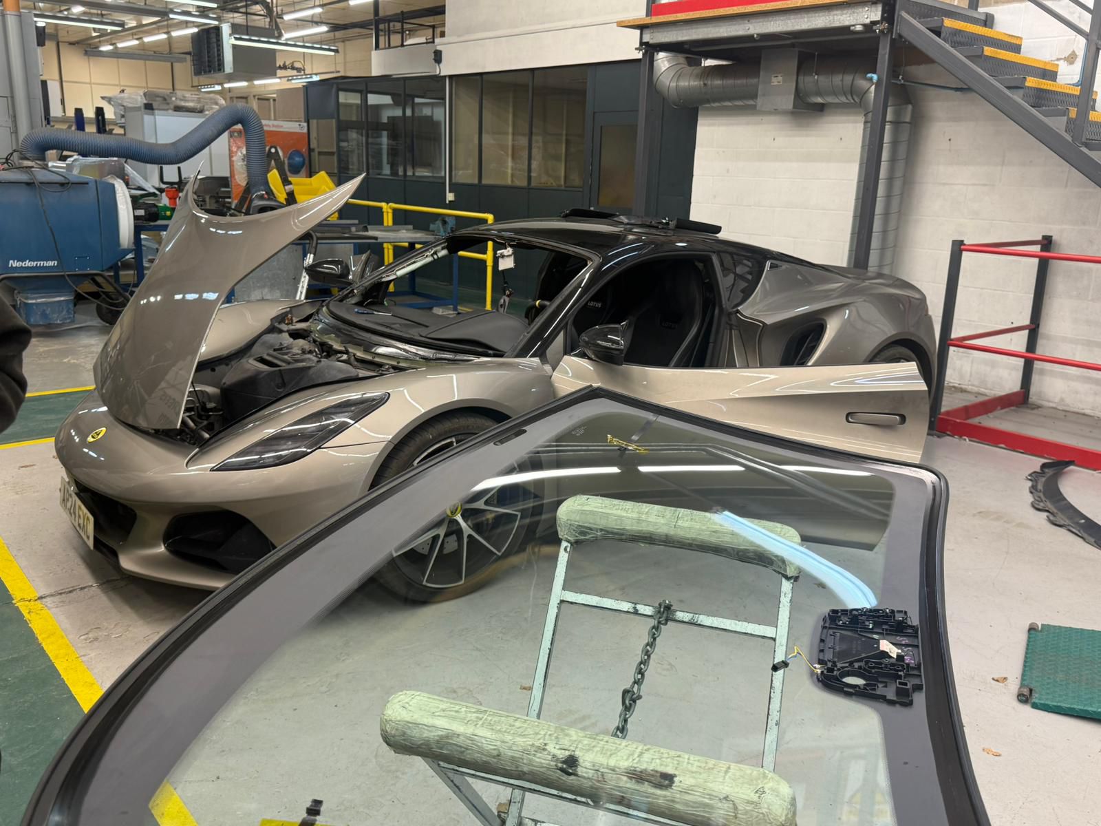 Lotus Emira with windscreen removed in the AWG Windscreens workshop
