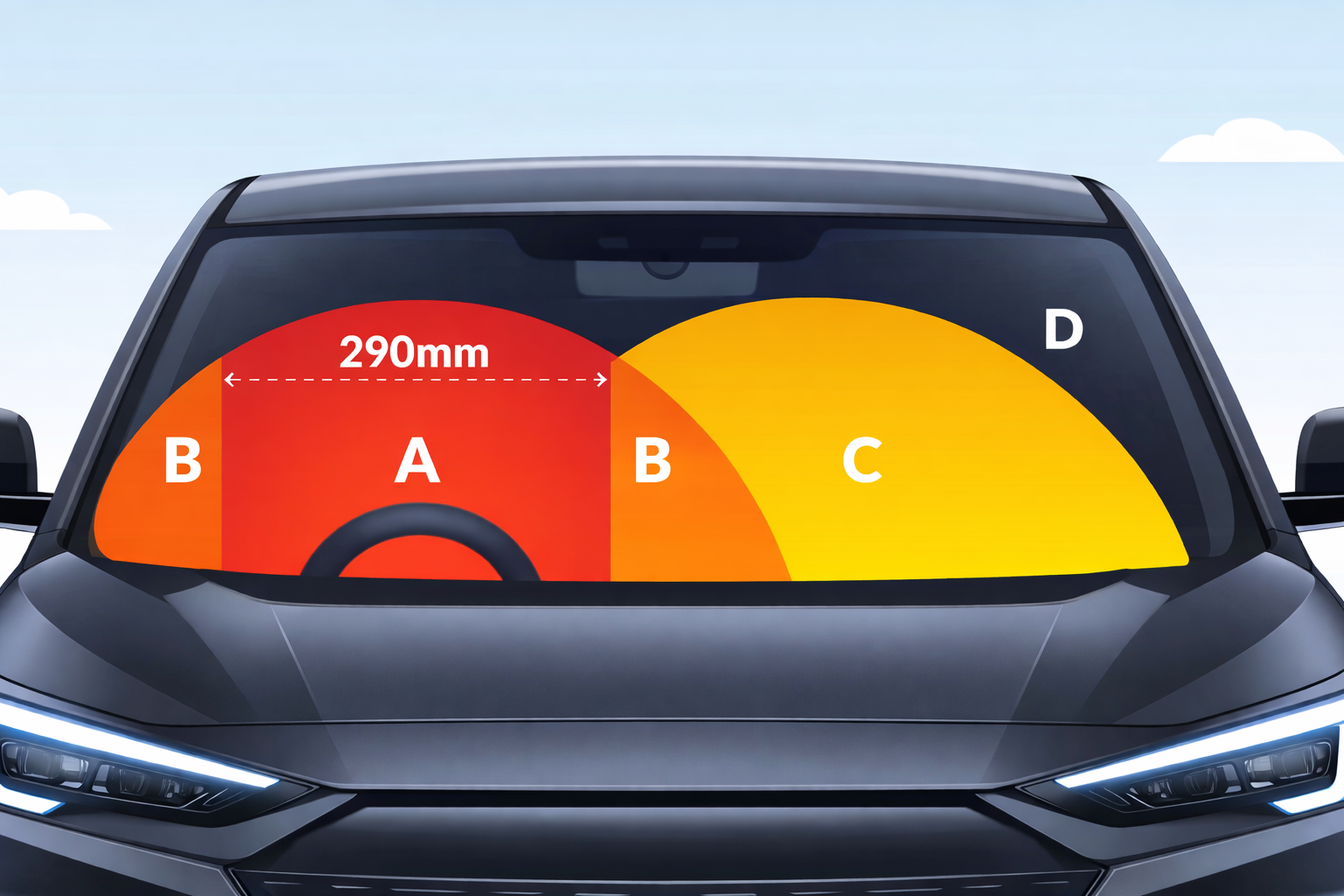 Diagram showing windscreen zones A, B, C and D used for MOT testing